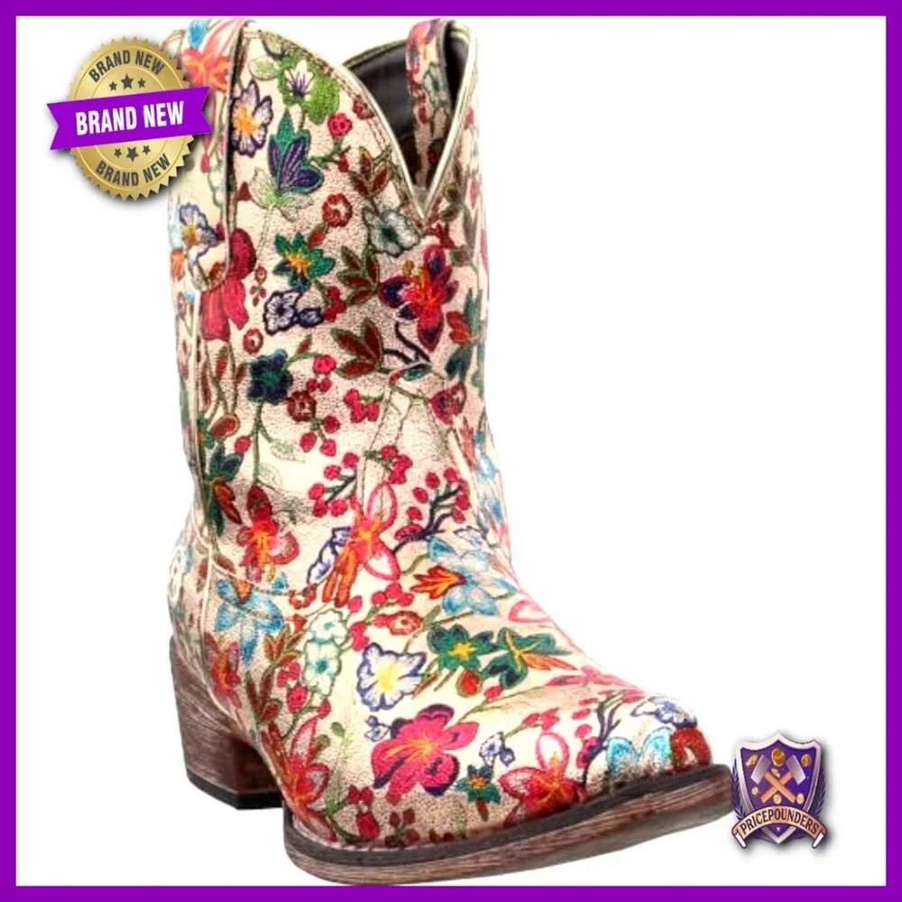 Floral Metallic Snip Toe Ankle Boots Low Heel Pull On Casual Chic Retro